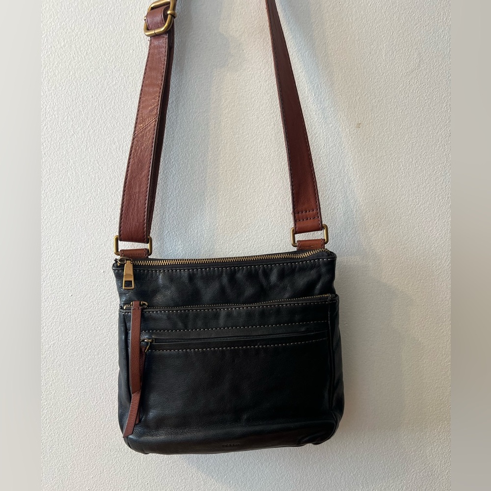 Fossil Black and Brown Messenger Bag with Leather Trim